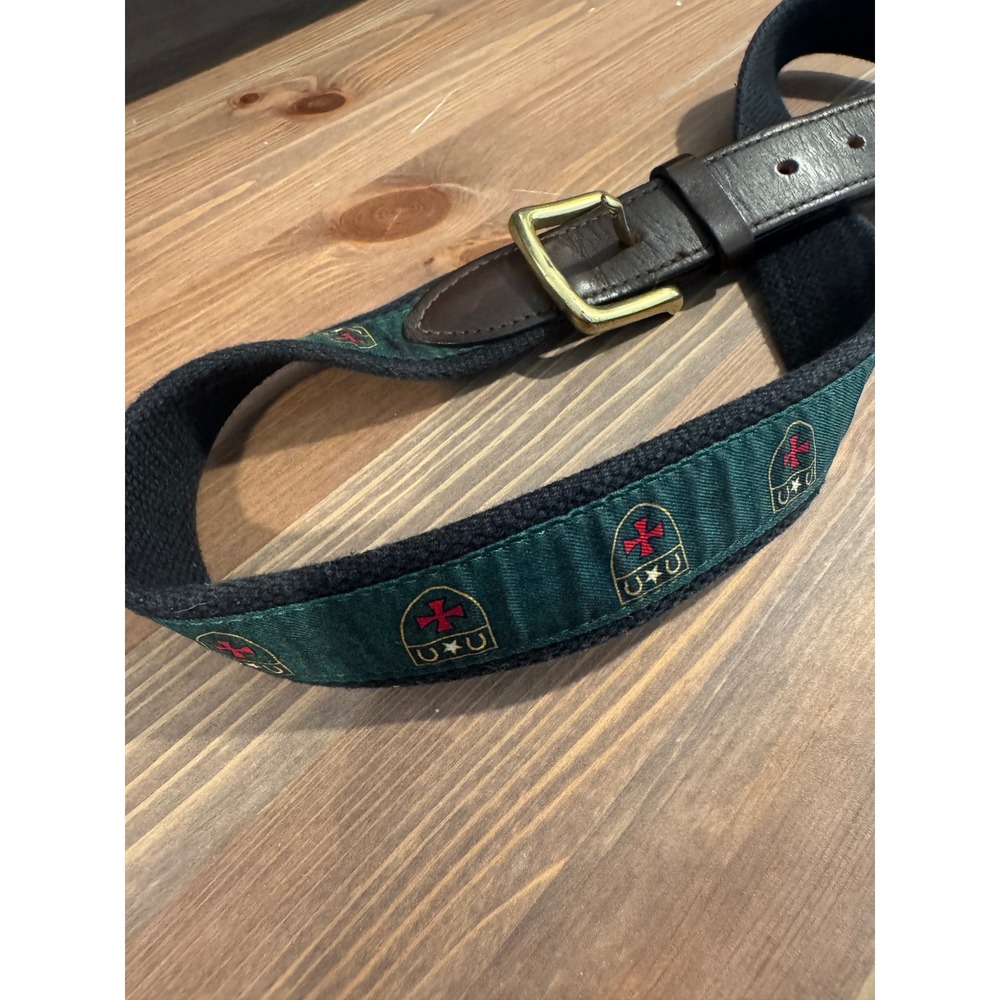 Vineyard Vines Mens Size 34 Canvas Leather Belt Crest Embroidery Green Navy USA